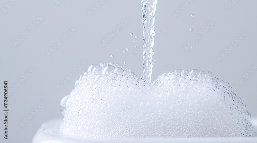 Water cascade and foam. Close-up view of water pouring into a basin, creating a burst of foamy bubbles. The image emphasizes the texture and movement of the water. Water cascade and foam. Close-up view of water pouring into a basin, creating a burst of foamy bubbles. The image emphasizes the texture and movement of the water.