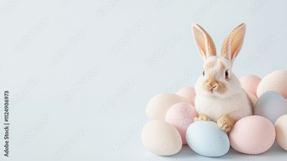 Fototapeta premium Adorable easter bunny resting amidst pastel-colored eggs, creating a charming springtime scene
