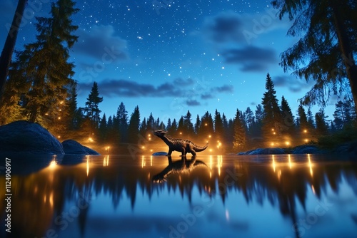 A dragonâ€™s reflection shimmering on a lake as it glides silently above the water under a starlit sky photo