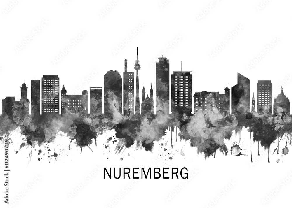 Obraz premium Nuremberg Germany Skyline BW, cityscape landscape watercolor painting print poster abstract splash illustration urban art modern downtown landmarks skyscrapers