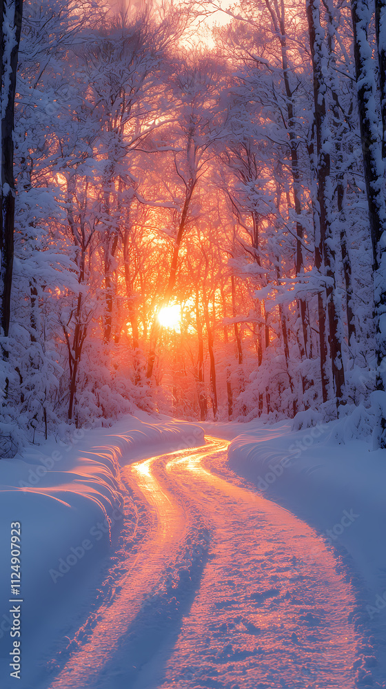 Naklejka premium There is a beautiful sunrise surrounded by white trees and a pastel sky. Perfect for winter travel photography, the scene is peaceful and serene.