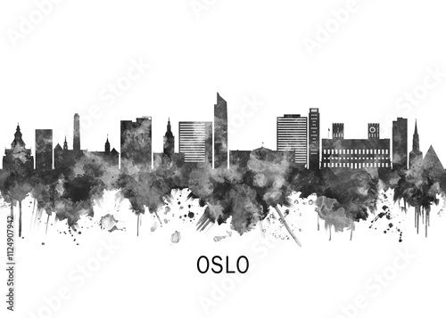 Oslo Norway Skyline BW, cityscape landscape watercolor painting print poster abstract splash illustration urban art modern downtown landmarks skyscrapers
