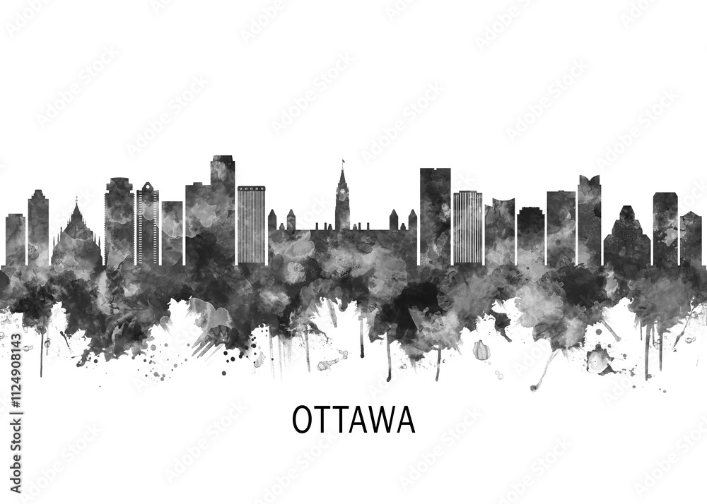 Obraz premium Ottawa Canada Skyline BW, cityscape landscape watercolor painting print poster abstract splash illustration urban art modern downtown landmarks skyscrapers