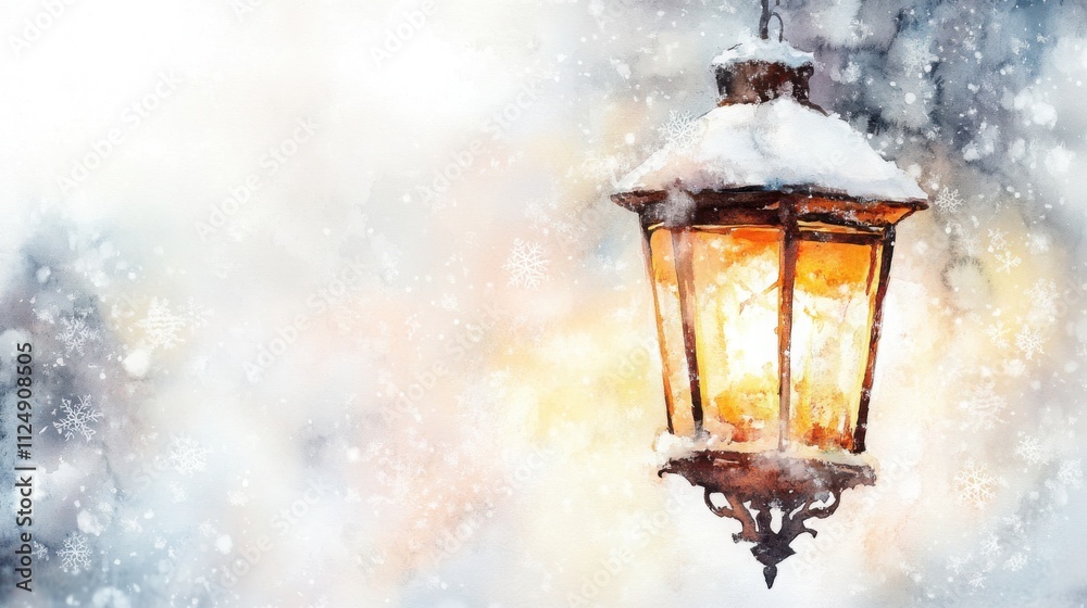 Watercolor painting captures the warm glow of a festive lantern against a snowy backdrop, creating a cozy winter scene Watercolor painting captures the warm glow of a festive lantern against a snowy backdrop, creating a cozy winter scene