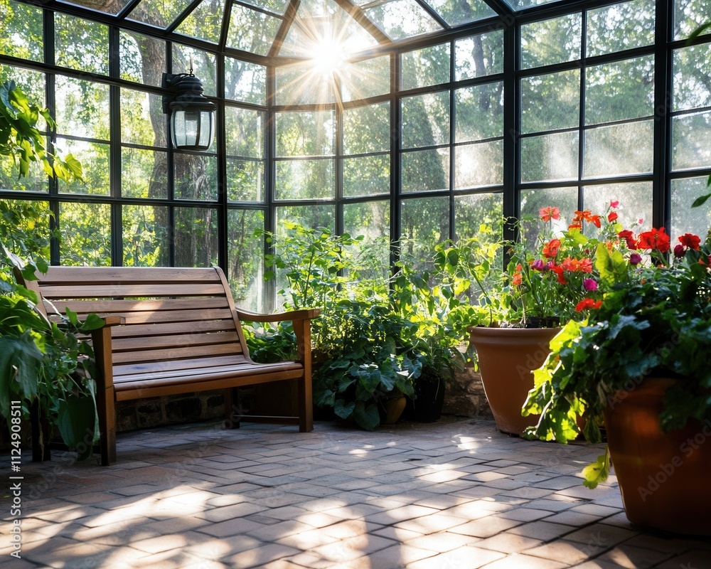 Bright Greenhouse with Vibrant Flowers and Cascading Greenery Bright Greenhouse with Vibrant Flowers and Cascading Greenery