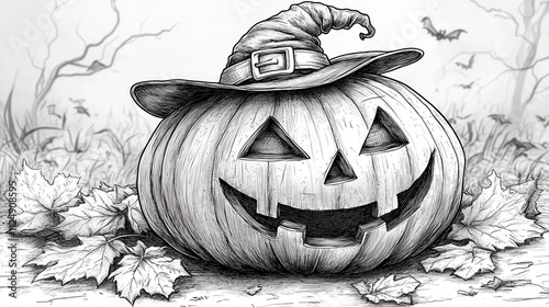 A detailed pencil sketch of a Halloween pumpkin wearing a witch's hat, surrounded by autumn leaves and bats. photo