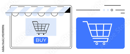 Shopping cart icon in front of a storefront featuring a striped awning and Buy button. Ideal for e-commerce, online stores, retail, digital marketing, website design, customer experience, and sales