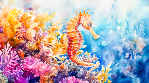 Fototapeta Naklejka Na Ścianę i Meble -  Showcase the delicate beauty of a watercolor seahorse swimming gracefully among vibrant, colorful coral reefs