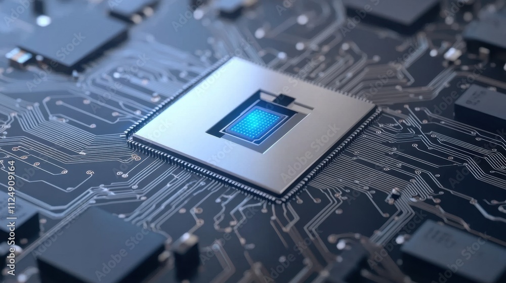 Close-up View of Computer Microchip on Circuit Board with Blue Light Glow Close-up View of Computer Microchip on Circuit Board with Blue Light Glow