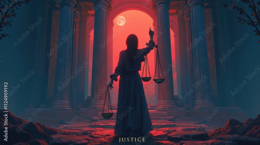Justice Tarot Card in Red and Blue Tones Justice Tarot Card in Red and Blue Tones