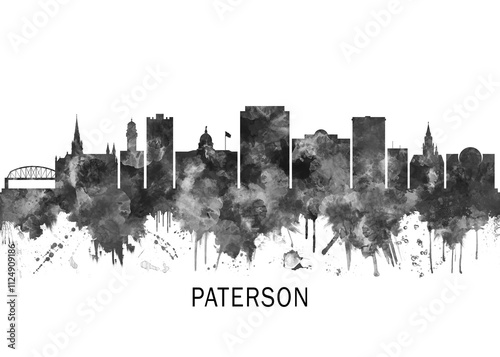 Paterson New Jersey Skyline BW, cityscape landscape watercolor painting print poster abstract splash illustration urban art modern downtown landmarks skyscrapers photo