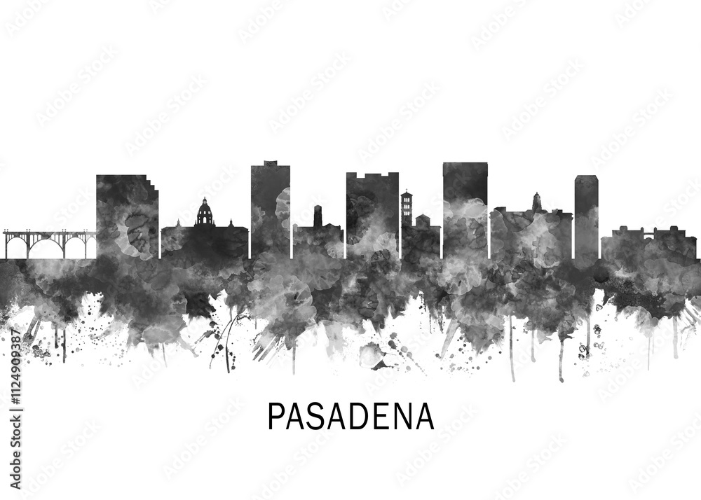 Pasadena Skyline BW, cityscape landscape watercolor painting print poster abstract splash illustration urban art modern downtown landmarks skyscrapers Pasadena Skyline BW, cityscape landscape watercolor painting print poster abstract splash illustration urban art modern downtown landmarks skyscrapers