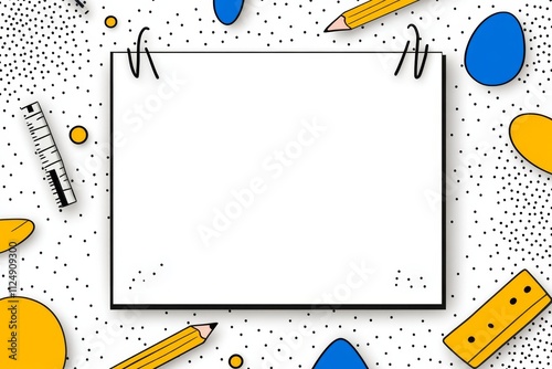 A flat, colorful illustration of a drawing pad with abstract shapes, pencils, and rulers scattered on a white background