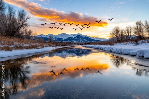 A flock of wild ducks flying in a perfect V formation under a golden sunset sky