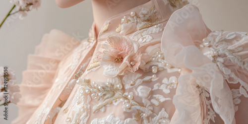 Modernised rococo aesthetic fashion elements, frilly pastel lace with embroided flowers photo