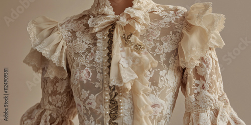 Modernised rococo aesthetic fashion elements, frilly pastel lace with embroided flowers photo