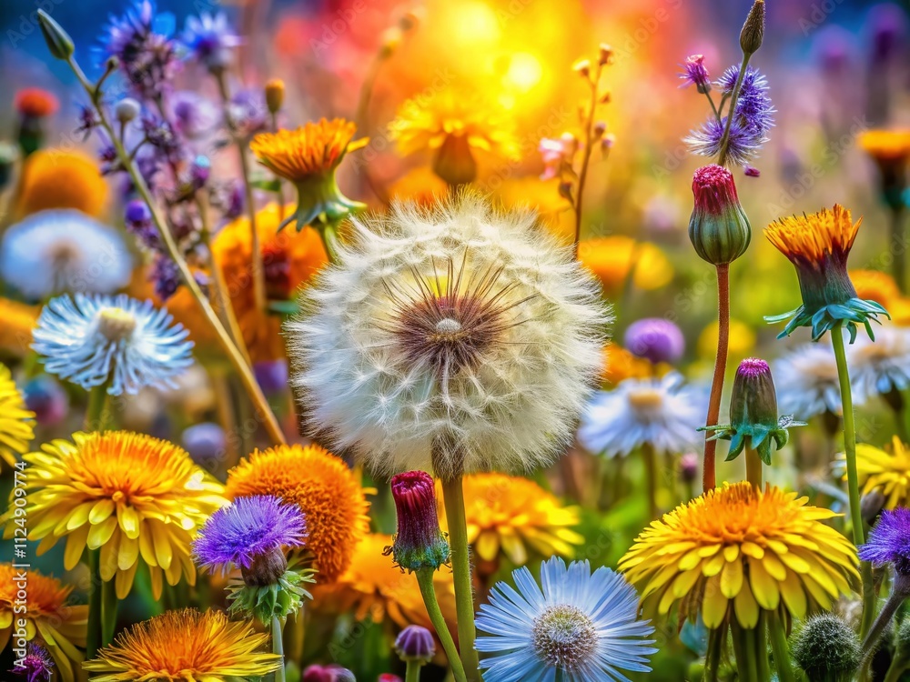 Obraz premium Captivating Macro Photography of Dandelions and Wildflowers, Showcasing Nature's Beauty in Intricate Detail for Stunning Visuals and Creative Projects