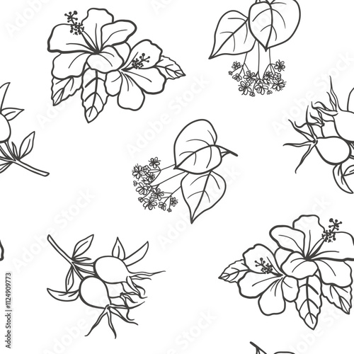 Seamless pattern with rosehip berries, hibiscus and linden flowers. Simple hand drawn black and white floral design