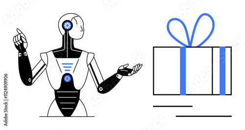 Robot extends arm toward a blue ribboned gift box, symbolizing technology meeting human gesture. Ideal for AI advancement, holiday tech, digital communication, gifting trends, innovation, future