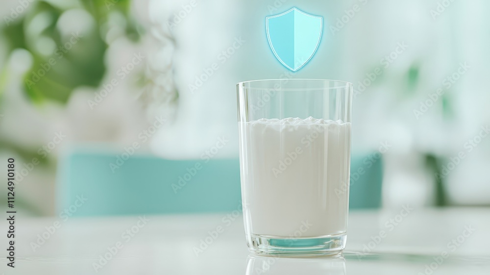 Probiotic Immune Protection, Every Day concept. A glass of milk is shown with a protective shield icon above it, suggesting safety or health benefits in a bright, inviting environment. Probiotic Immune Protection, Every Day concept. A glass of milk is shown with a protective shield icon above it, suggesting safety or health benefits in a bright, inviting environment.
