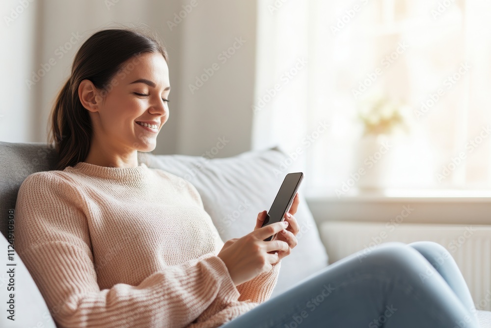 A woman enjoys leisure time on her smartphone, smiling comfortably on a cozy couch in a bright living room. A woman enjoys leisure time on her smartphone, smiling comfortably on a cozy couch in a bright living room.