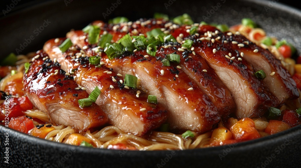 Crispy Peking Duck Slices with Teriyaki Sauce, Rice Noodles, and Wok-Fried Vegetables, Garnished with Green Onions and Sesame Seeds Crispy Peking Duck Slices with Teriyaki Sauce, Rice Noodles, and Wok-Fried Vegetables, Garnished with Green Onions and Sesame Seeds