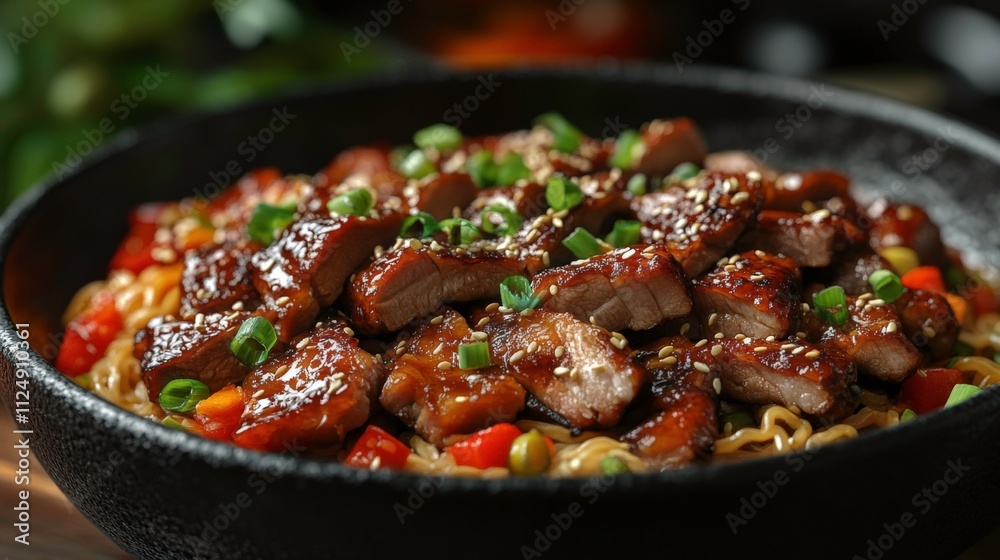 Crispy Peking Duck Slices with Teriyaki Sauce, Rice Noodles, and Wok-Fried Vegetables, Garnished with Green Onions and Sesame Seeds Crispy Peking Duck Slices with Teriyaki Sauce, Rice Noodles, and Wok-Fried Vegetables, Garnished with Green Onions and Sesame Seeds