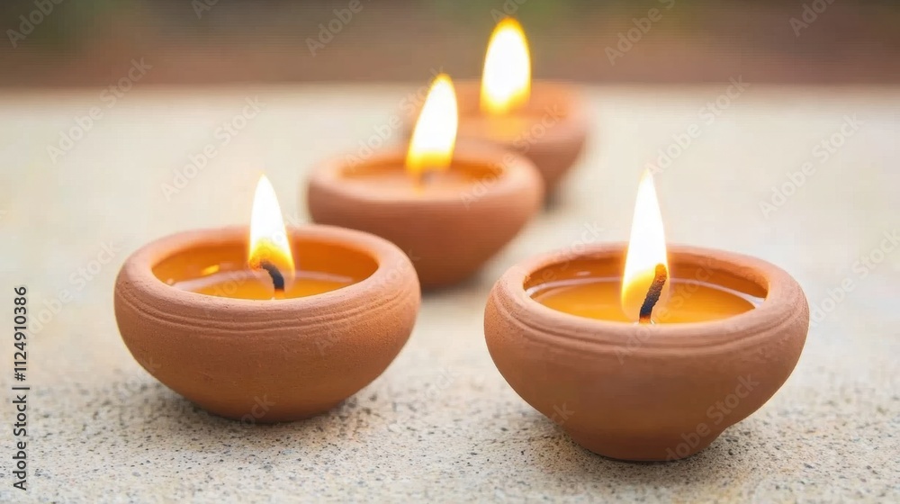 Glowing Clay Candles with Flickering Flames on a Soft Textured Surface Glowing Clay Candles with Flickering Flames on a Soft Textured Surface
