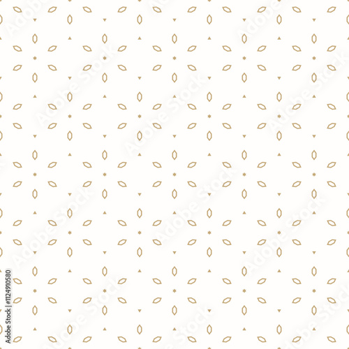 Abstract golden seamless pattern with small flower geometric shapes, tiny snowflake silhouettes. Vector minimalist gold and white floral background. Simple luxury minimal texture. Repeated geo design