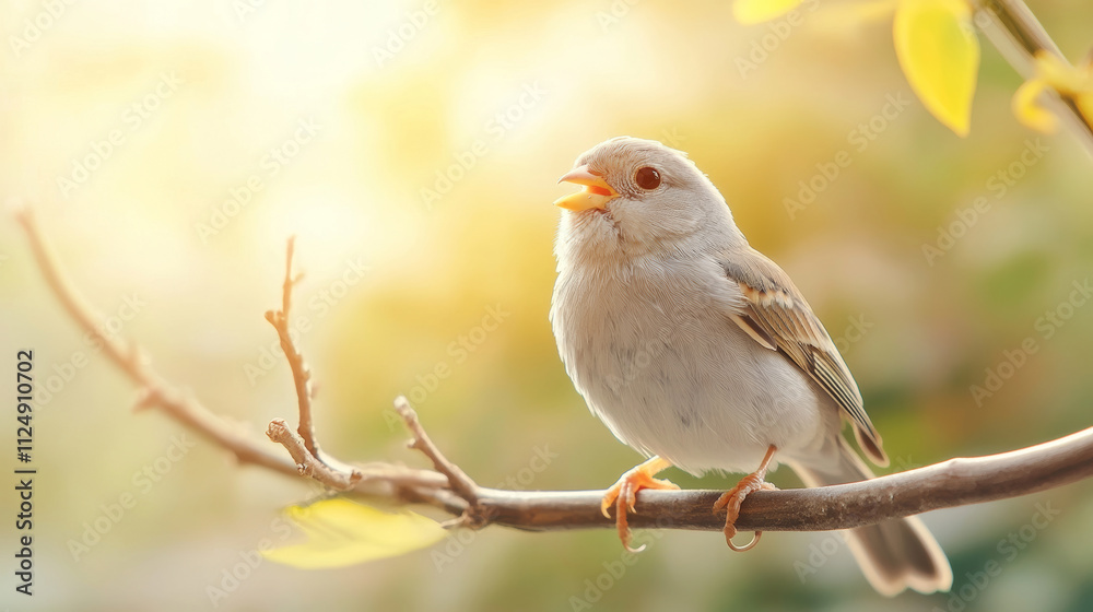 Chirping small bird perched on a sunlit branch in a spacious aviary with a blurred background Chirping small bird perched on a sunlit branch in a spacious aviary with a blurred background