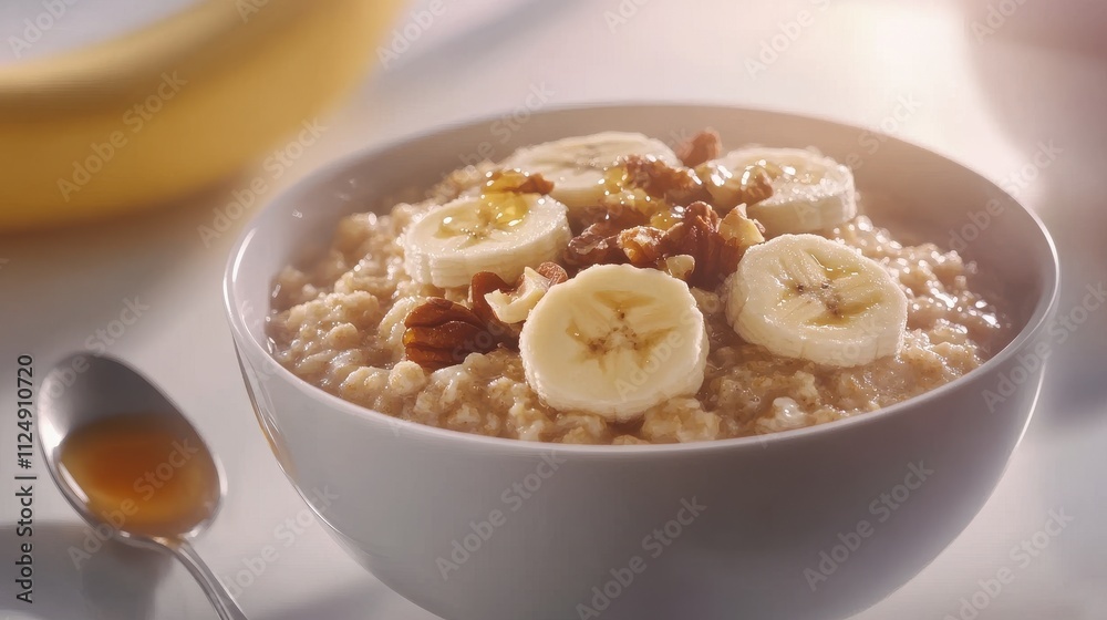 Oatmeal with Bananas and Nuts in Bright Setting Oatmeal with Bananas and Nuts in Bright Setting