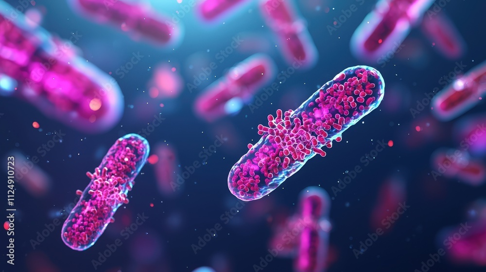 Probiotic Immune Protection, Every Day concept. A vibrant microscopic view of bacteria, showcasing their unique shapes and structures in a colorful, illuminated environment.