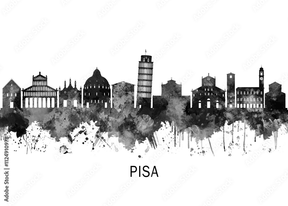 Obraz premium Pisa Italy Skyline BW, cityscape landscape watercolor painting print poster abstract splash illustration urban art modern downtown landmarks skyscrapers