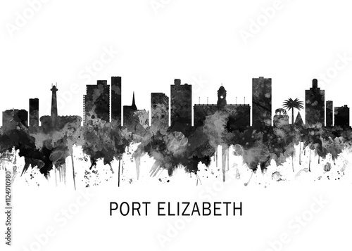 Port Elizabeth South Africa Skyline BW, cityscape landscape watercolor painting print poster abstract splash illustration urban art modern downtown landmarks skyscrapers