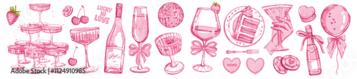Champagne bachelorette party set, vector watercolor wedding coquettish alcohol beverage, wineglass. Feminine pink celebration cocktail drink, aesthetic Valentine day date, bottle. Champagne party kit