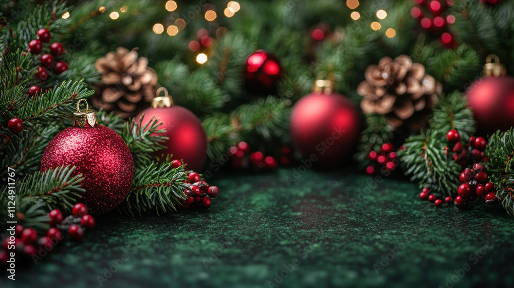 Fototapeta premium Christmas background with sparkling lights, pine garlands, and red ornaments on a dark green backdrop