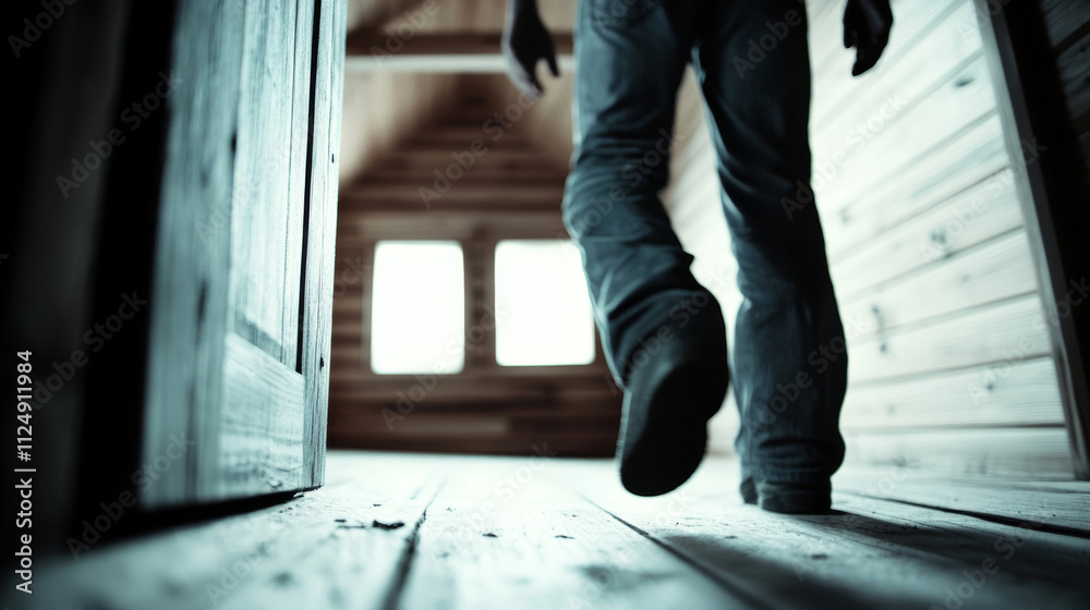 Low angle view of intruder walking into small wooden cabin with soft moonlight shining through windows Low angle view of intruder walking into small wooden cabin with soft moonlight shining through windows