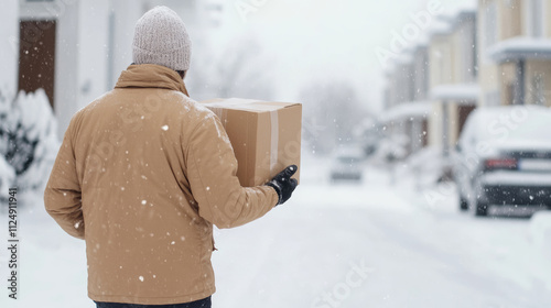 Delivery man navigating a snowy neighborhood with a package in hand during a winter snowstorm photo