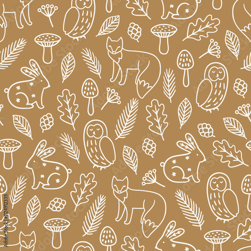 Wallpaper Mural Christmas outline seamless pattern with foxes, rabbits, owls, mushrooms, leaves, snowflakes on gold background. Perfect for wallpaper, gift paper, winter greeting cards. Vector hand drawn illustration Torontodigital.ca
