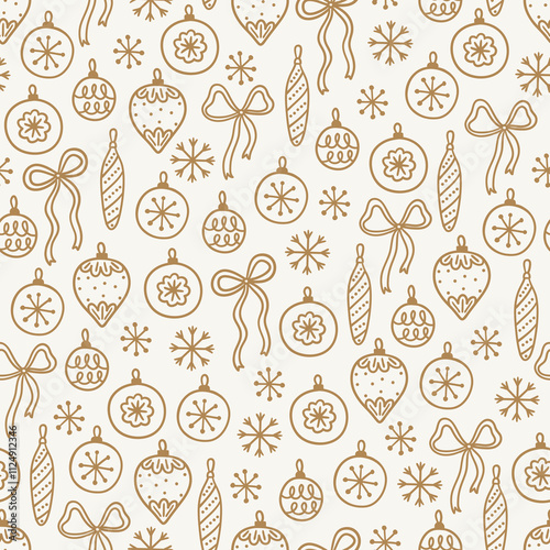 Christmas outline seamless pattern with bows, snowflakes, baubles, balls on white background. Perfect for wallpaper, gift paper, winter greeting cards. Vector hand drawn illustration