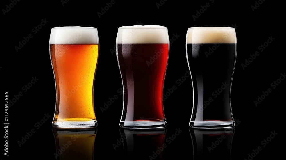 Elegant Beer Varieties Displayed in Glasses on Black Background Elegant Beer Varieties Displayed in Glasses on Black Background