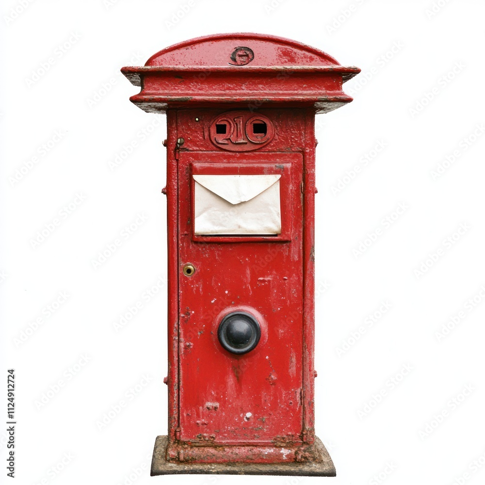 Antique red mailbox, weathered, contains letter. Antique red mailbox, weathered, contains letter.