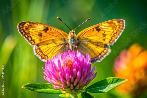 Captivating Marigold Briseid Butterfly Resting on a Pink Clover Flower in a Lush Summer Meadow, Showcasing Nature's Beauty and Vibrant Colors