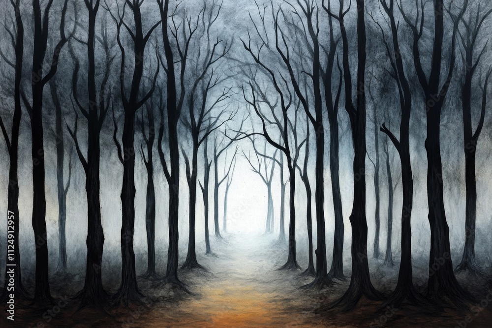 A large charcoal drawing of a forest landscape, with rich textures and dark shadows giving it depth A large charcoal drawing of a forest landscape, with rich textures and dark shadows giving it depth