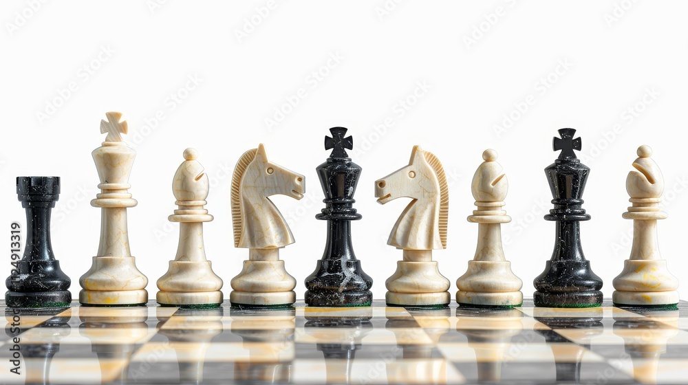 A close-up of chess pieces arranged on a board, highlighting strategy and competition. A close-up of chess pieces arranged on a board, highlighting strategy and competition.