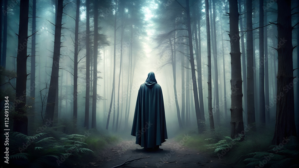 Mysterious Figure in Eerie Misty Forest Mysterious Figure in Eerie Misty Forest