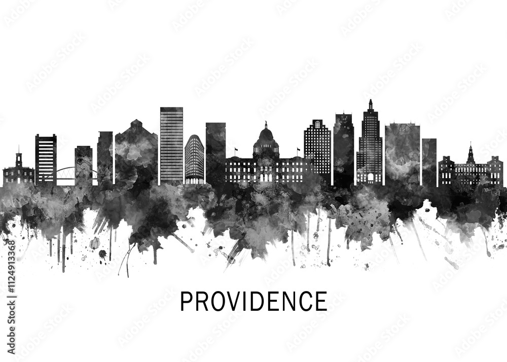 Providence Rhode Island Skyline BW, cityscape landscape watercolor painting print poster abstract splash illustration urban art modern downtown landmarks skyscrapers