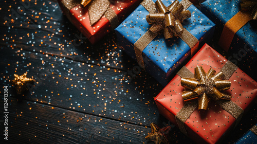 Holiday background with vibrant gift boxes and sparkling confetti scattered on a wooden floor
