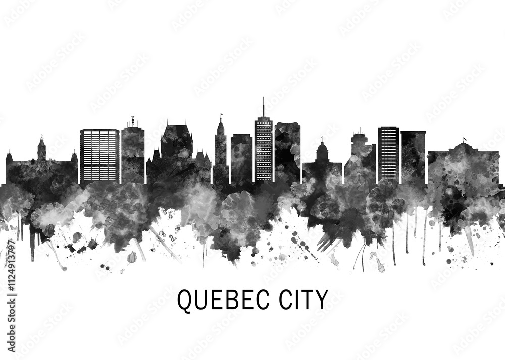 Obraz premium Quebec city Canada Skyline BW, cityscape landscape watercolor painting print poster abstract splash illustration urban art modern downtown landmarks skyscrapers