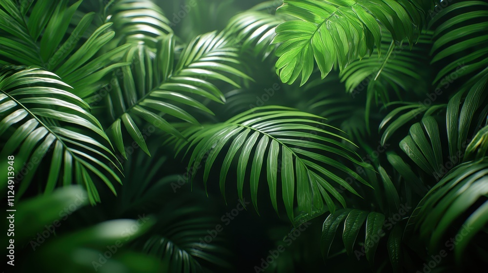 Lush Green Tropical Leaves in a Dense Jungle Creating a Serene Natural Atmosphere Lush Green Tropical Leaves in a Dense Jungle Creating a Serene Natural Atmosphere